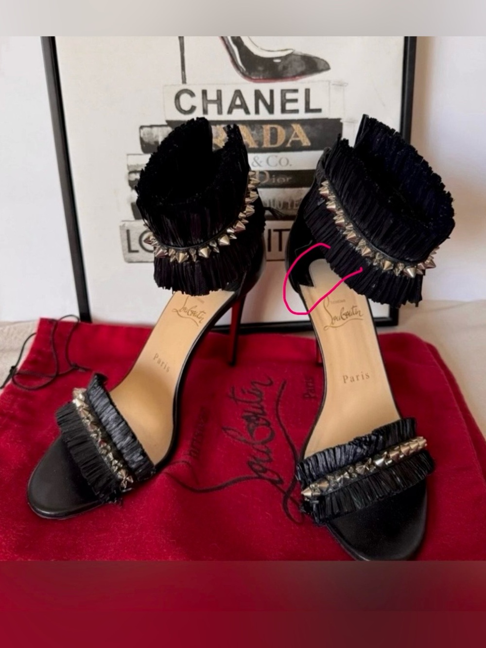 Christian Louboutin Poupedou Black Spike Raffia Ankle Strap Heels EU 39 Red Sole - Picture 9 of 9
